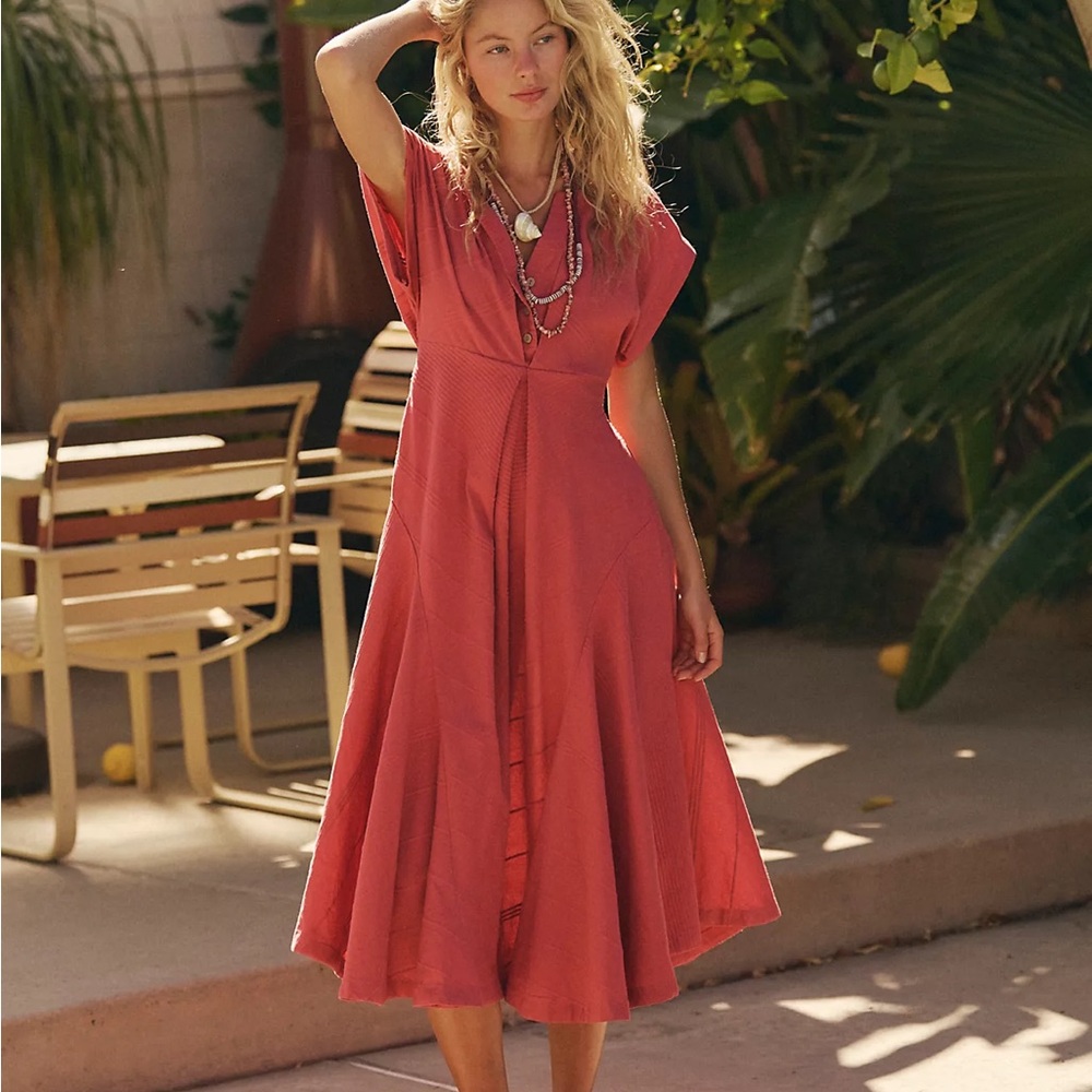 Free People Outta Here Bohemian Summer Elegant White Midi Button Textured Dress - Picture 4 of 7
